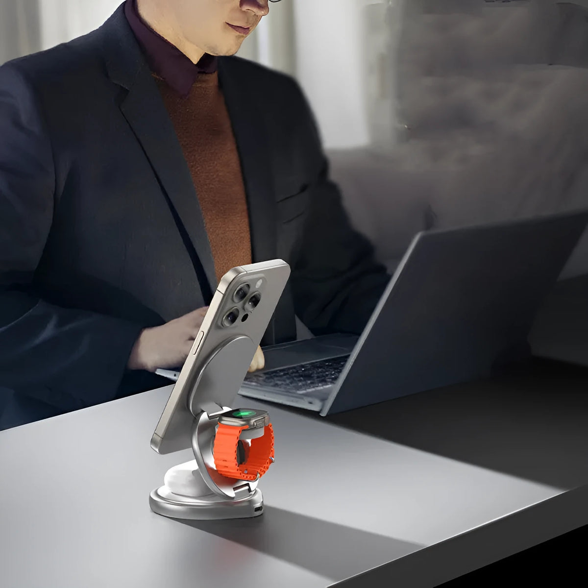 3-in-1 magnetic folding wireless charger stand, 88 x 80 x 25 mm, grey or silver, Type-C