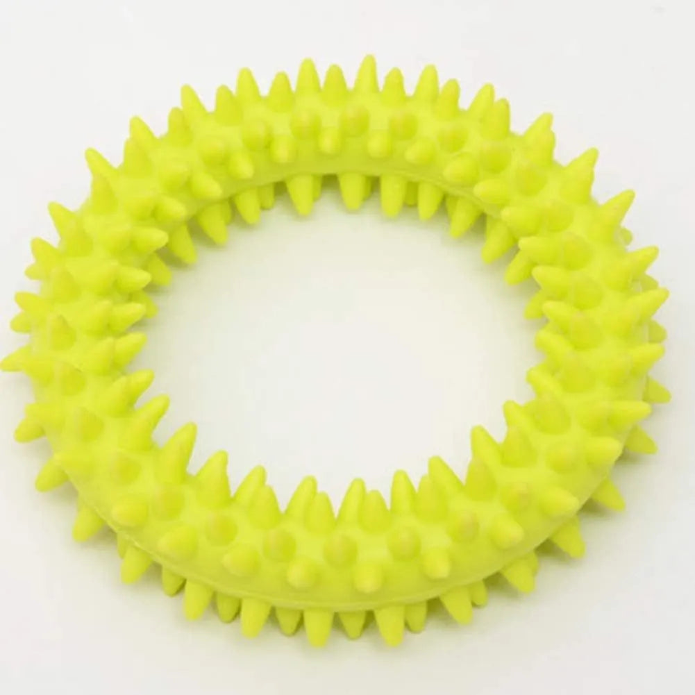 TPR spiky circle ring dog chew toy in blue, green, light blue, pink, rose red, or yellow, 9.5 cm diameter
