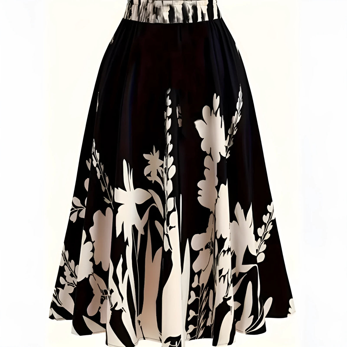 Chinese style mid-length pleated skirt with 3D digital printed plant flower design and splicing detail in DD25052