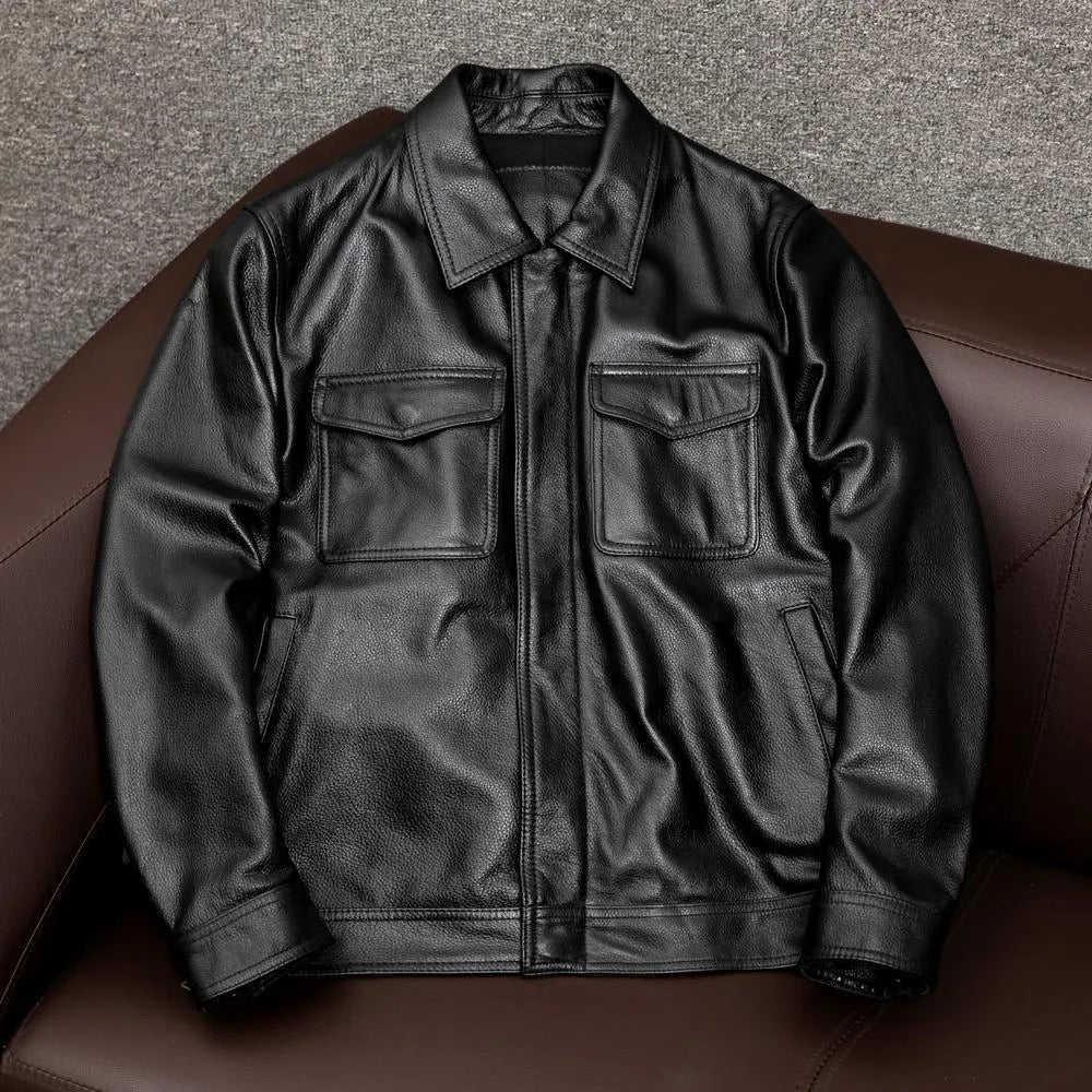 Man wearing a brown retro-style PU leather jacket with a lapel collar and side pockets.