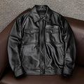 Man wearing a brown retro-style PU leather jacket with a lapel collar and side pockets.