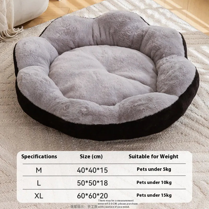 Round plush cat bed with detachable cover in yellow brown flower nest pattern