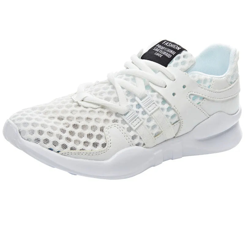 Men's black mesh casual sneakers with hollow breathable design and low-top cut
