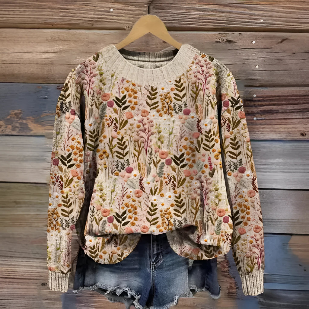 Digital printed little flower pattern round neck sweater in polyester fabric