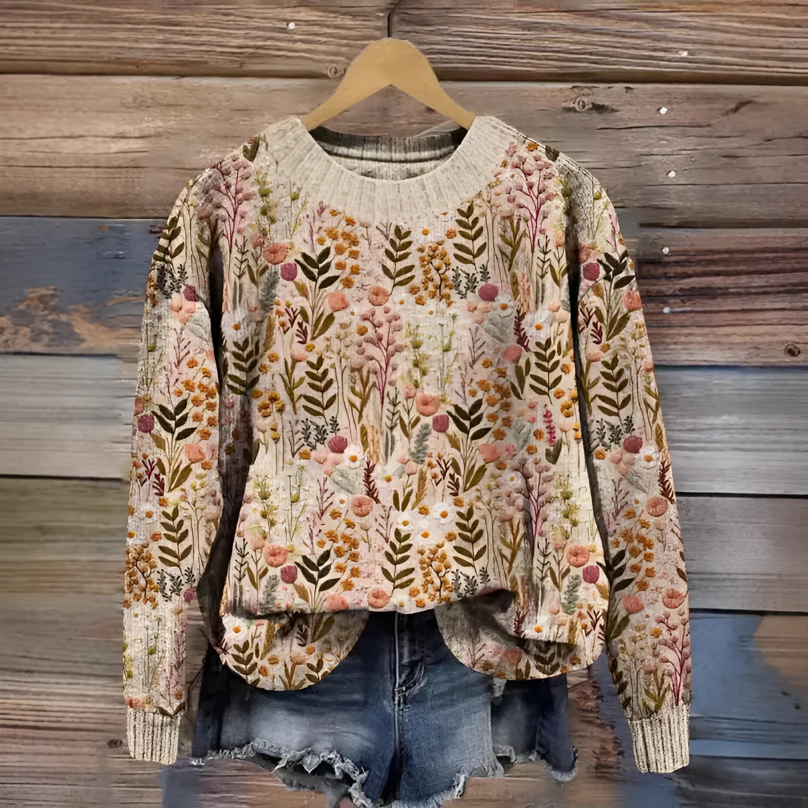 Digital printed little flower pattern round neck sweater in polyester fabric