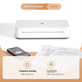Small white plastic intelligent remote learning printer with thermal ribbon cartridge on a desk.