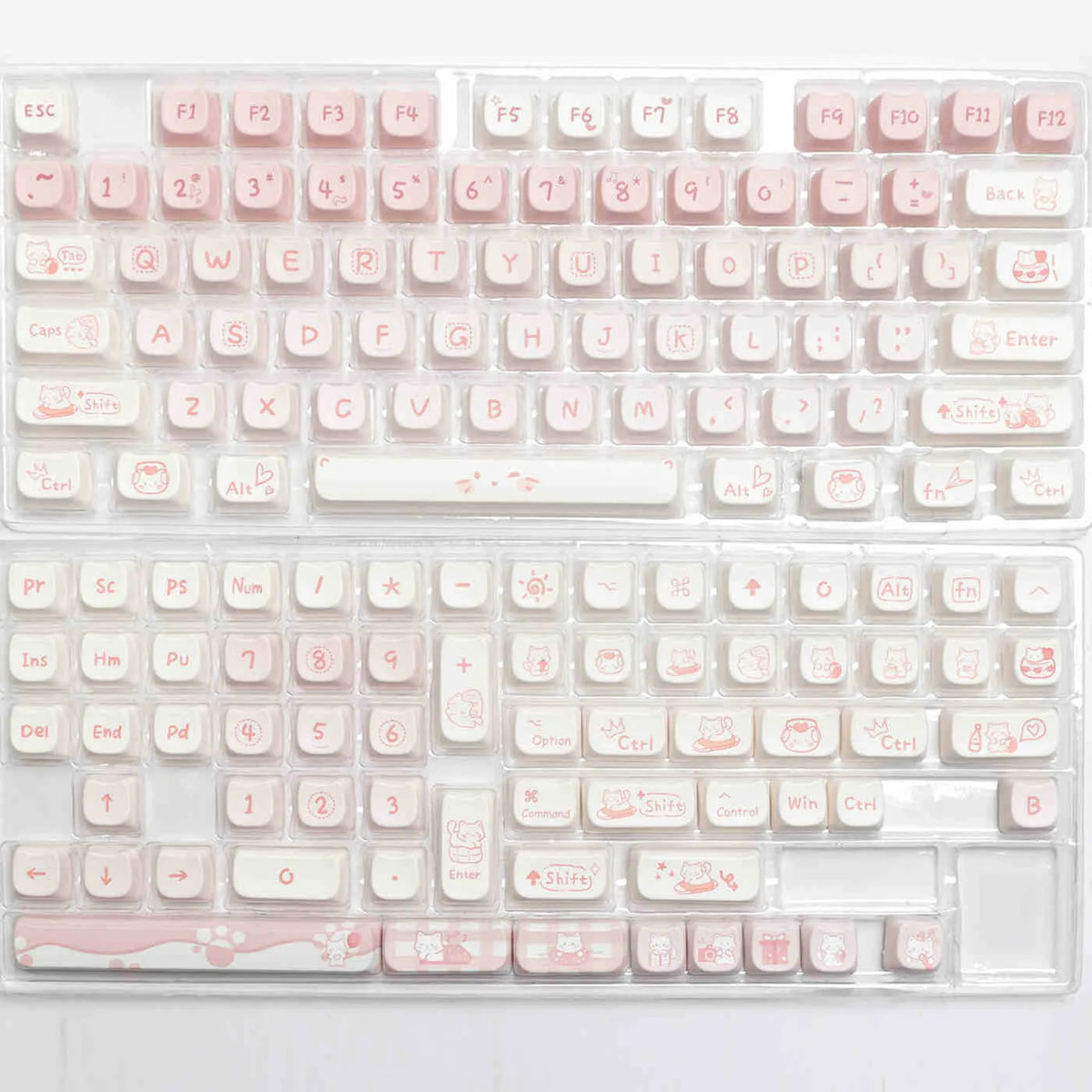 Full set of PBT key caps for mechanical keyboards showing over 98 keys with uniform 1.5mm profile height