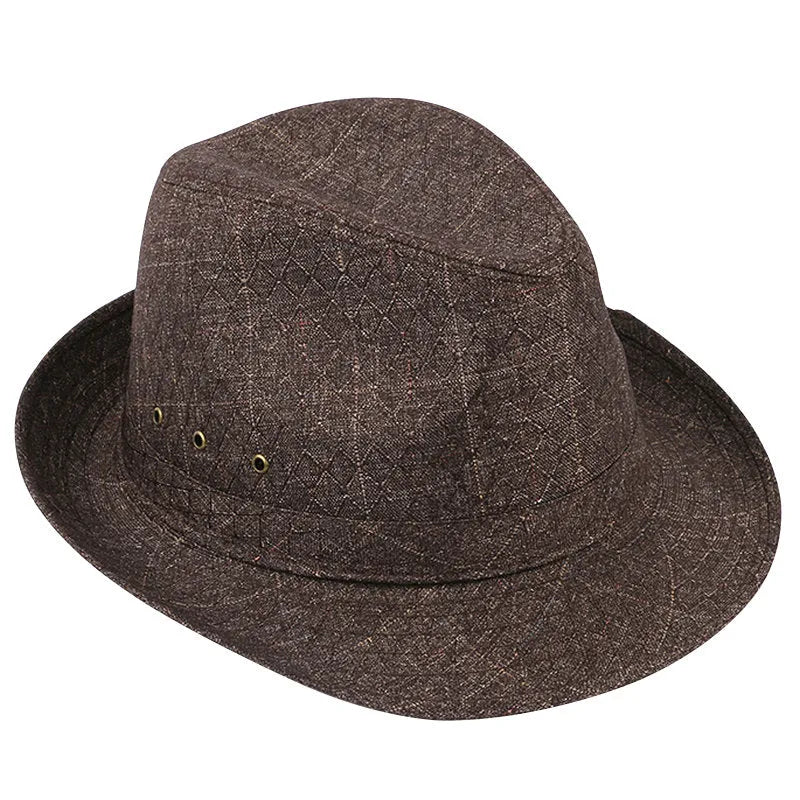 A classic fedora hat for men in thickened suit material, shown in a neutral colour on a stand.