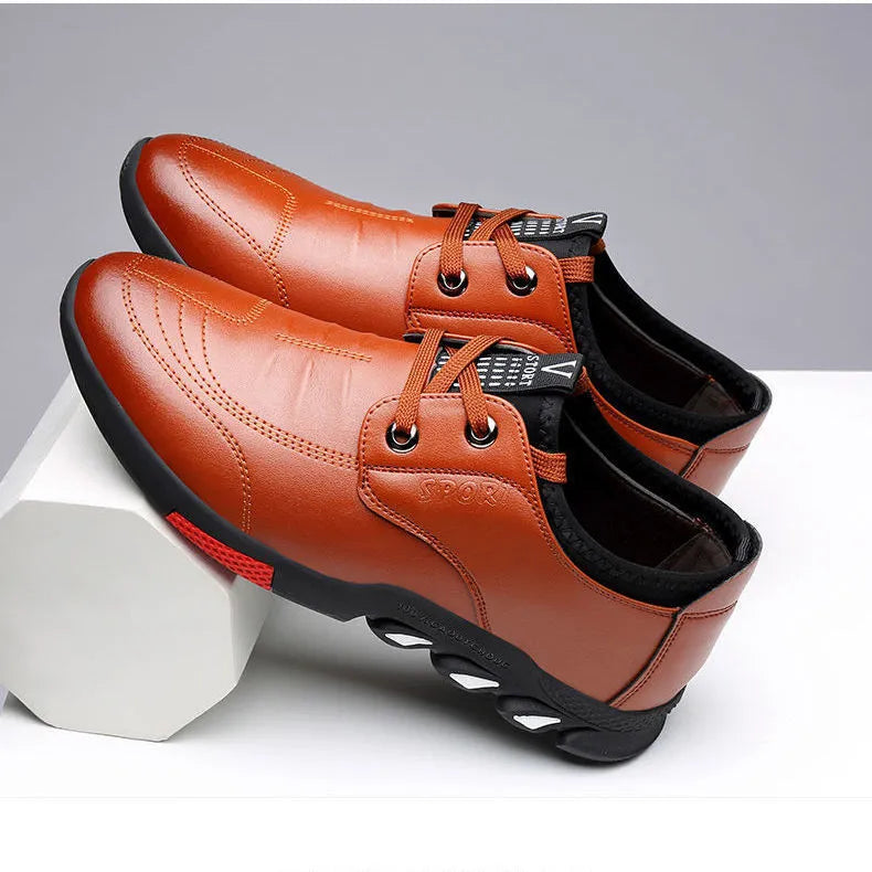 Men's plain toe business shoes in black and brown PU leather with lace-up and slip-on style options.