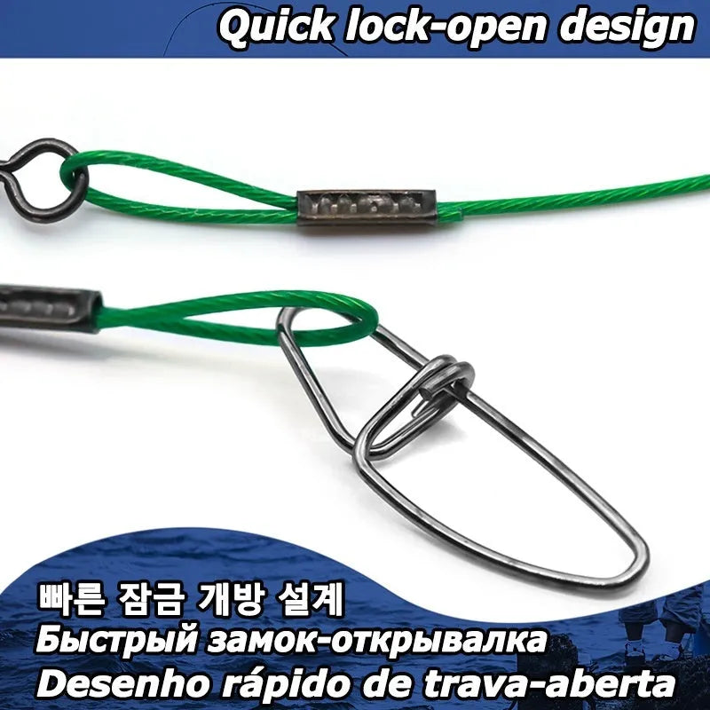 Set of 10 green steel wire double buckle fishing bite leaders showing 54cm length