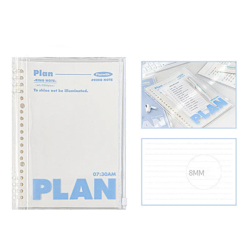 A5 PVC notebook storage organiser in blue colour showing dimensions of 148mm by 210mm
