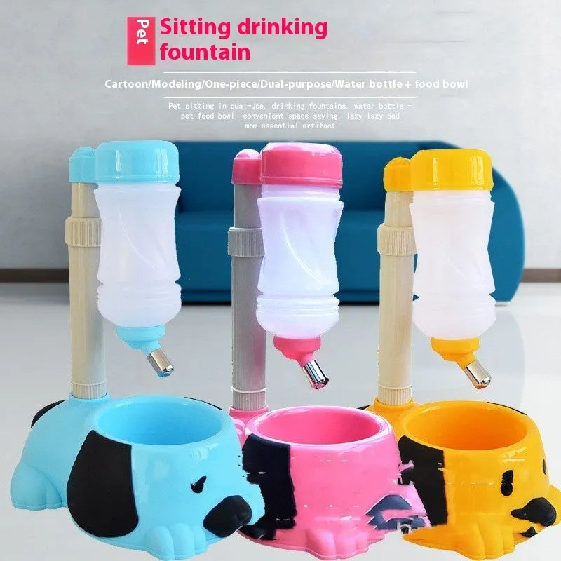 Adjustable height pet drinking bowl with rod lifting mechanism in pink, blue, or yellow colours