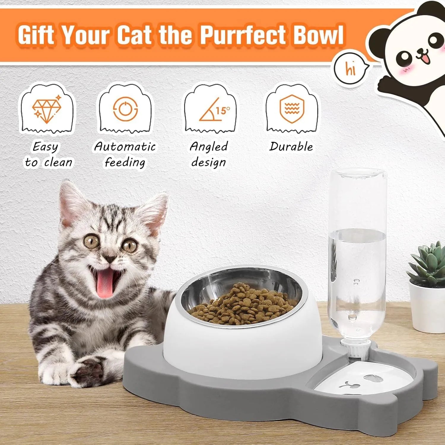 Grey panda-shaped automatic pet water dispenser with tilted stainless steel feeding bowls for cats and small dogs.