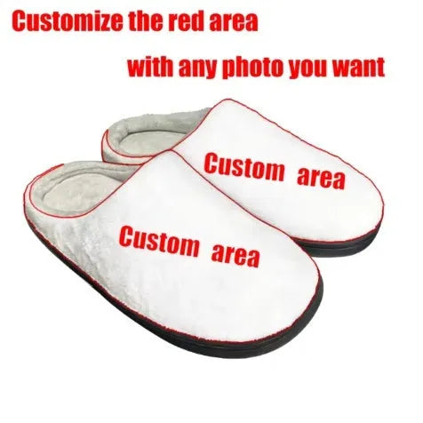 Custom printed flannel slippers with a TPR sole, shown in a selected size and colour.