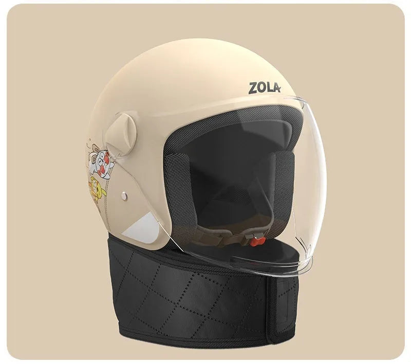 Winter electric bicycle helmet with attached scarf showing blue colour variant