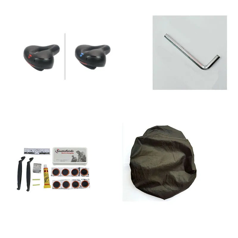 Bicycle saddle cushion with silicone padding, spring suspension, and accessories including waterproof cover and tools