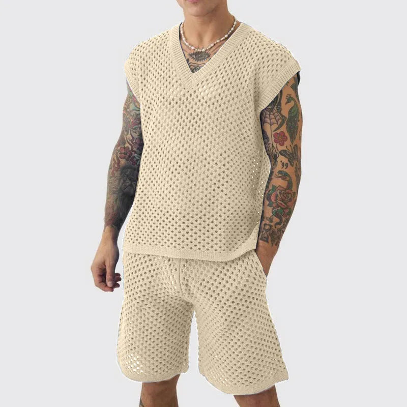 Men's sleeveless V-neck knitted vest and matching shorts sports suit in blue black white or khaki