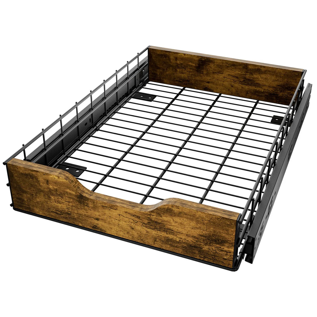 Black wooden and iron kitchen storage rack with pull basket design