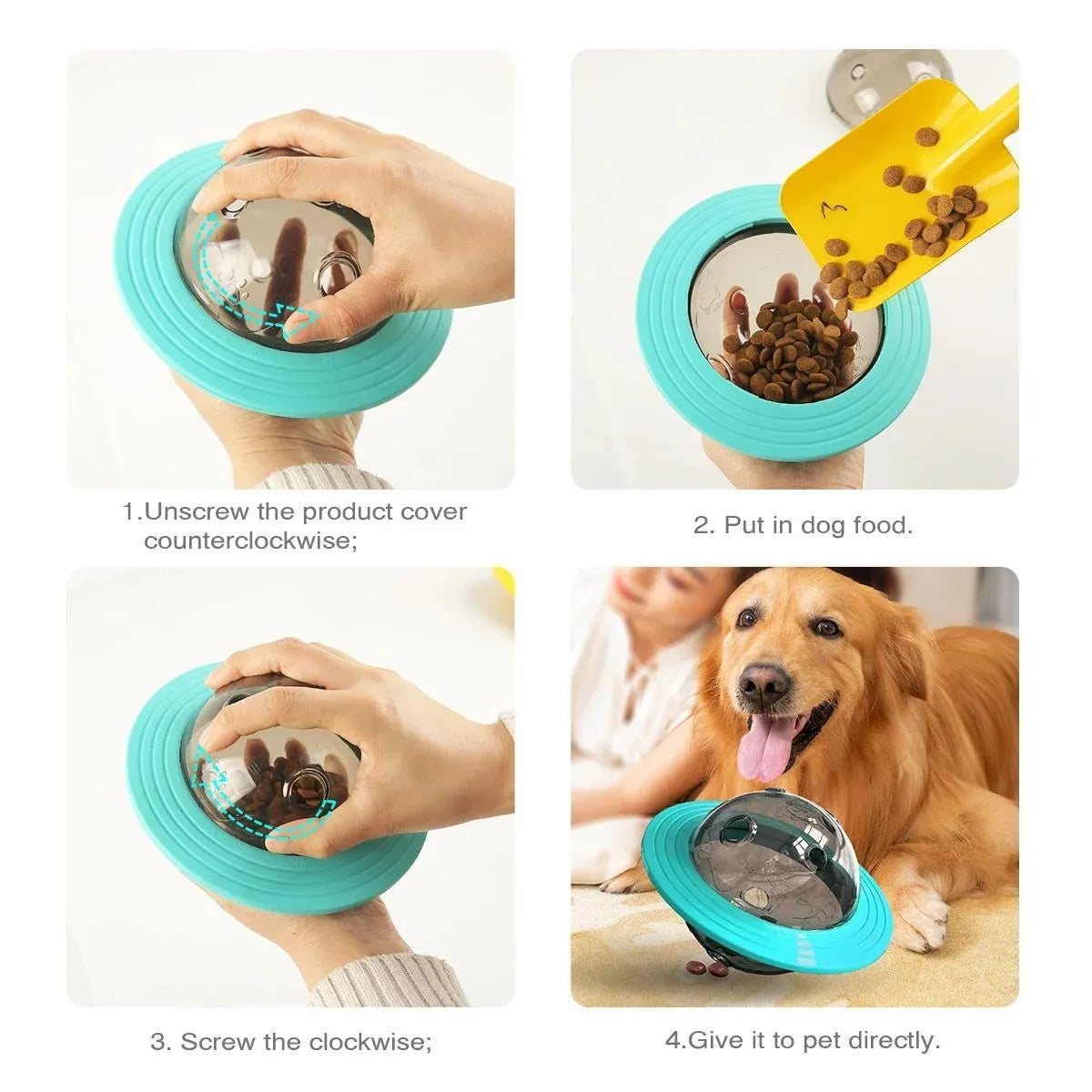 Interactive dog treat ball in blue or yellow with transparent lid for food dispensing and training