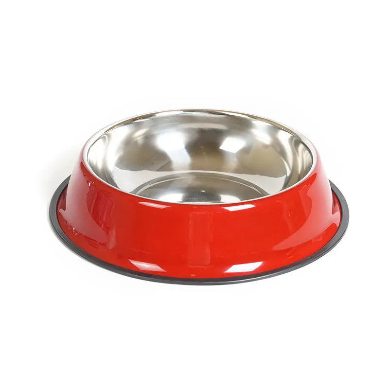 Stainless steel pet bowl with colourful melamine exterior and non-slip rubber base ring