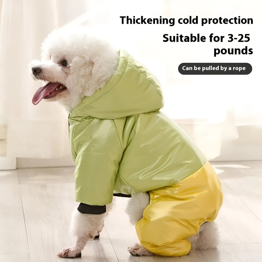 Green pink and white cotton-padded waterproof dog coat with four-legged design in sizes S to 3XL