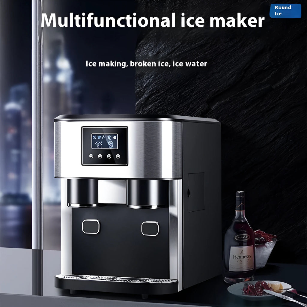 Black desktop ice making machine with stainless steel tank for ice crushing and cold water