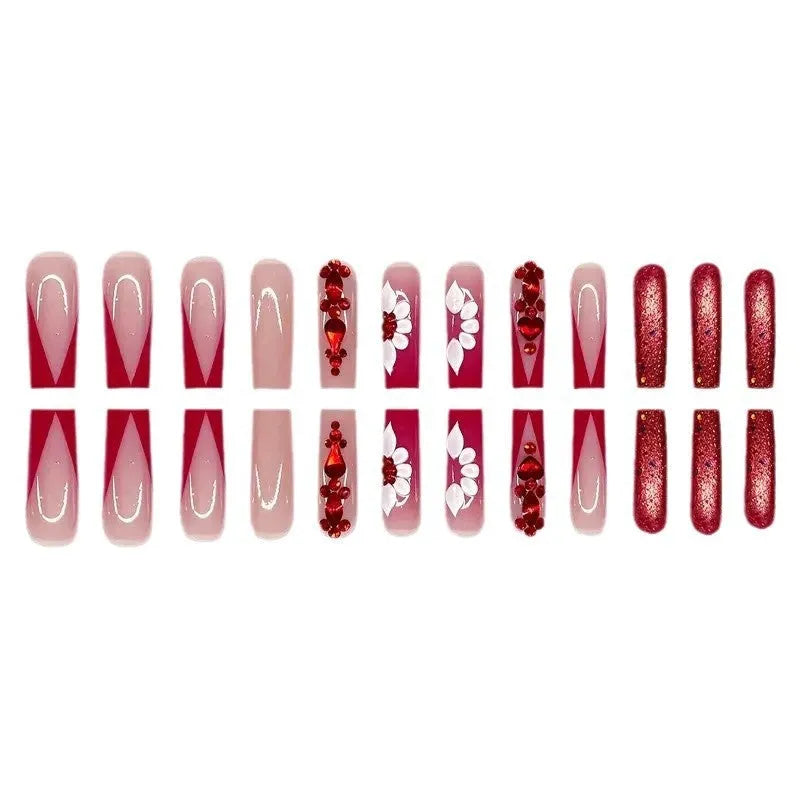 Sweet Flowers Temperament removable fake nails with red diamond accents and floral pattern