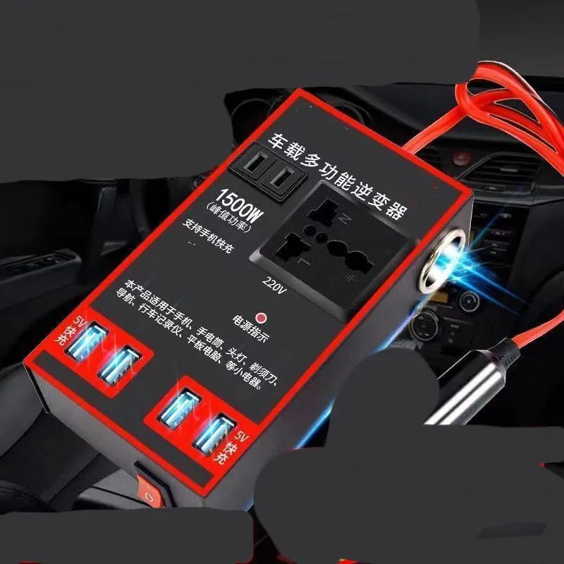 Black automotive power converter with 220V socket and four USB ports for car use