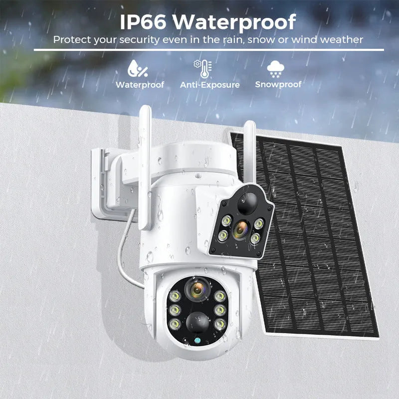 Outdoor solar-powered wireless WiFi security camera with solar panel in black or white casing