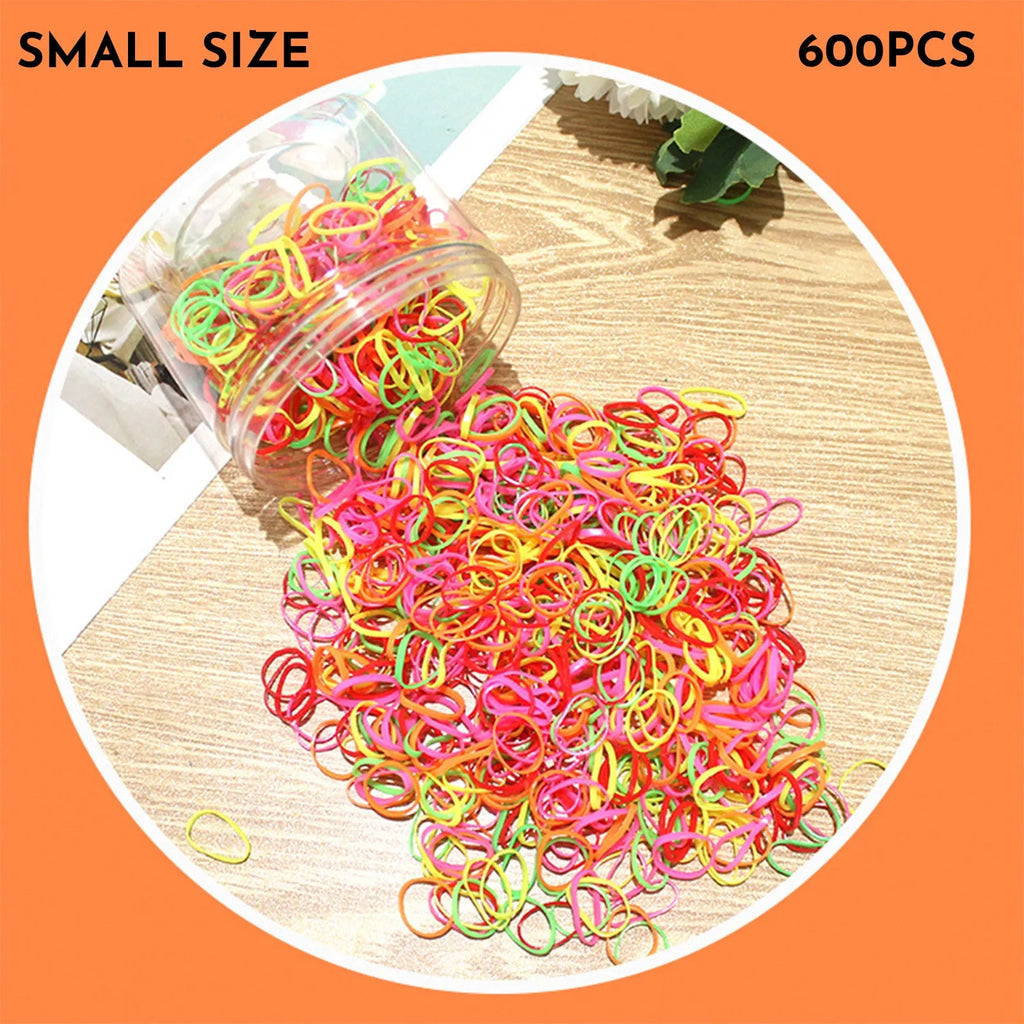 Multi-colour TPU baby hair bands in a reusable container, 300 or 600 piece pack.