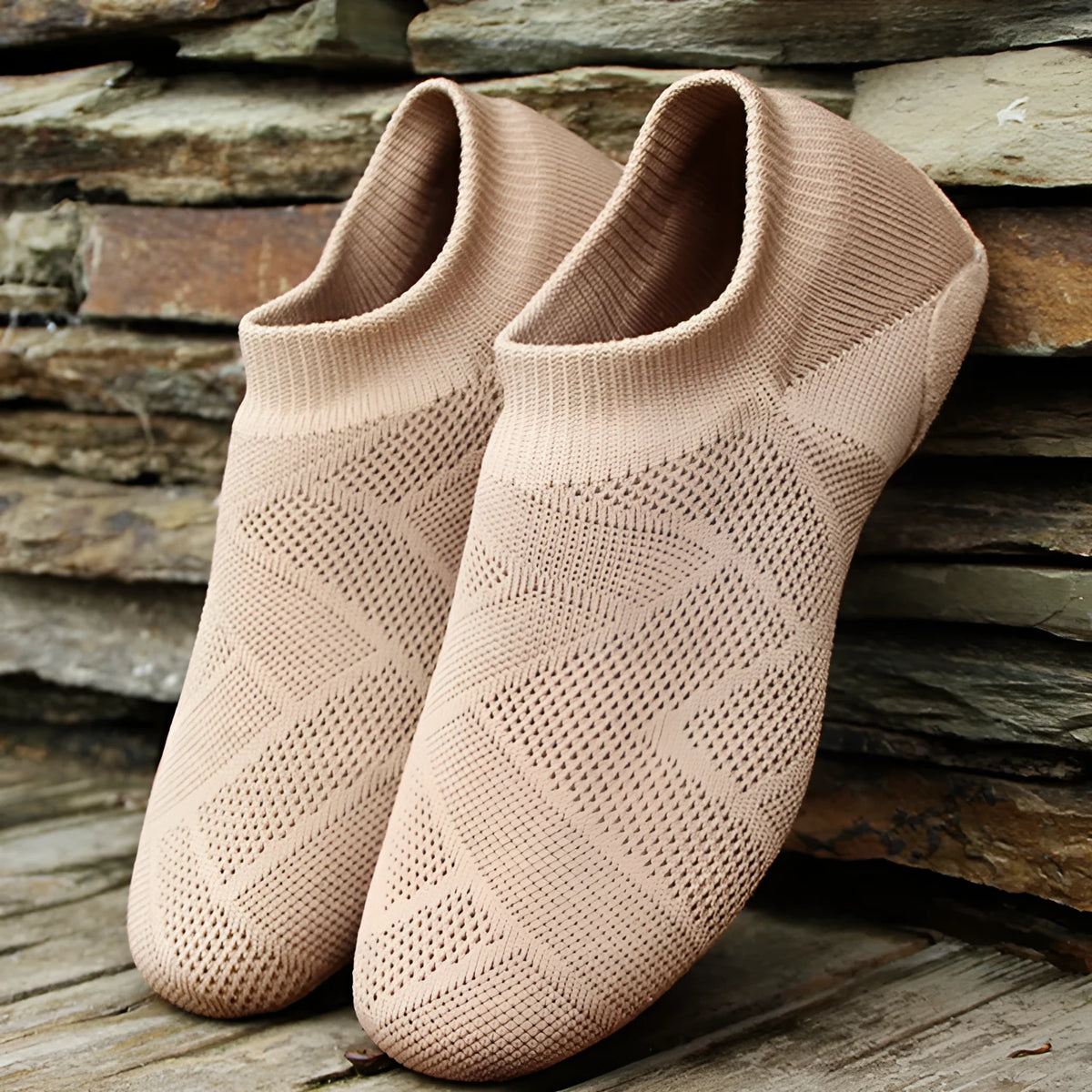 Camel colour Latin dance shoes with simple print, cotton mesh upper, and leather sole on a neutral background.