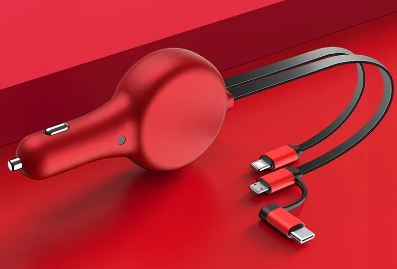 Black retractable car charger with extended USB and Type-C cables for dual-device charging