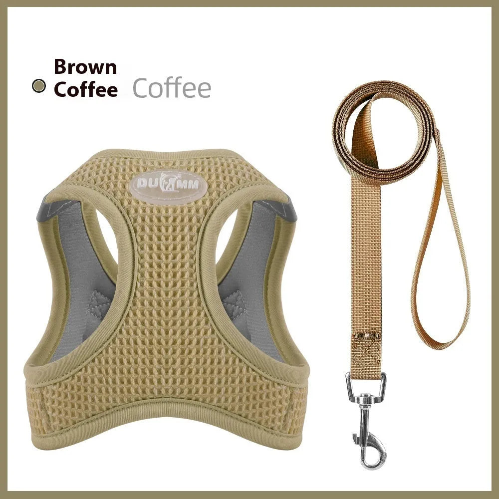 Soft brown waffle-weave cloth cat harness chest strap shown on a mannequin.