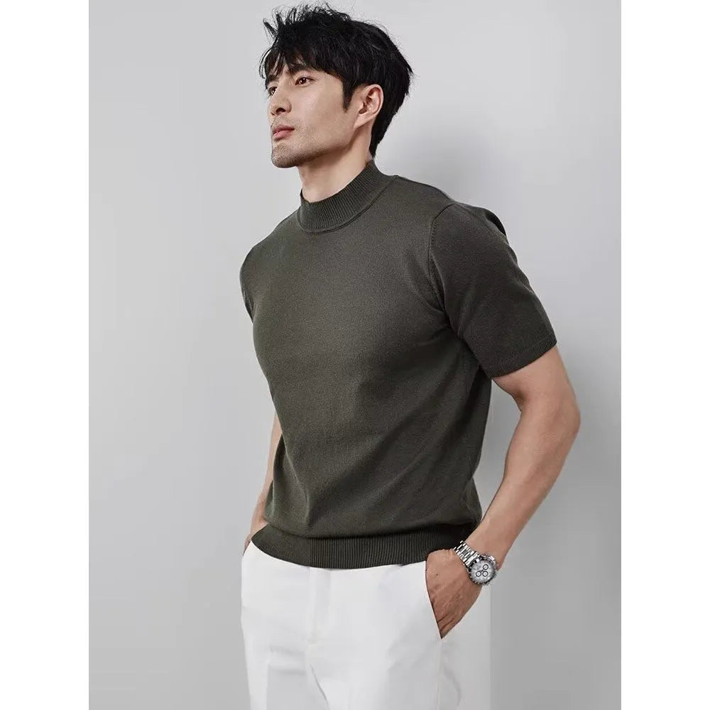 Men's ice silk half turtleneck knitwear pullover, slim fit thin solid colour top in white, black, grey, green and coffee