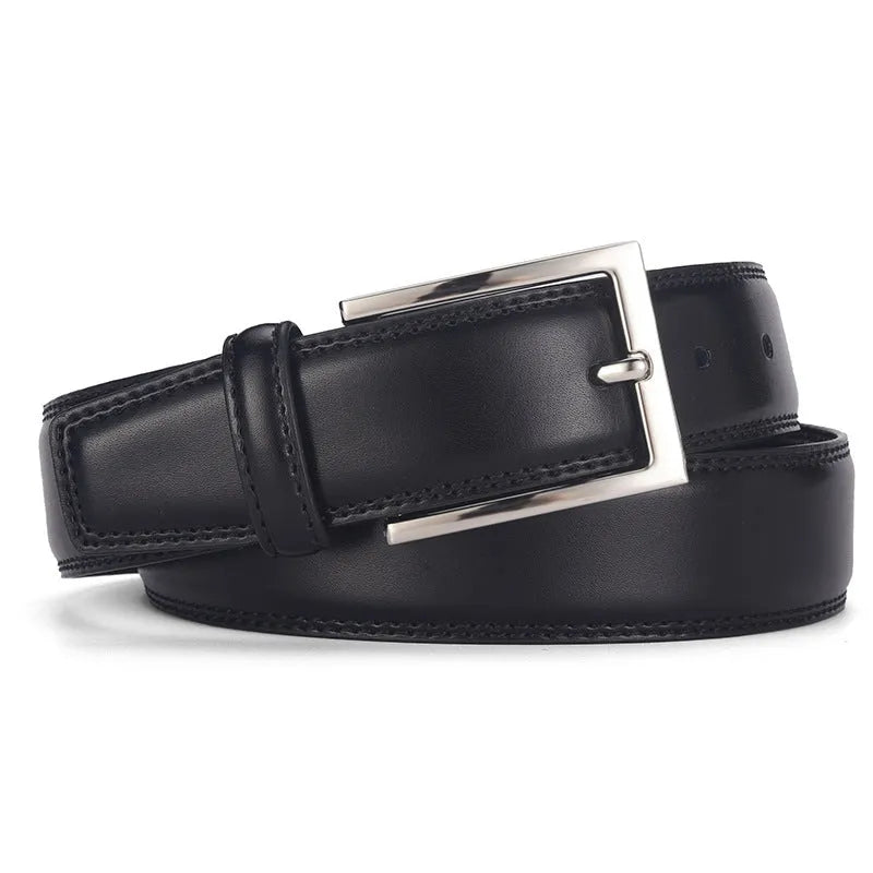 Men's genuine two-layer cowhide leather belt with alloy pin buckle in classic black or brown