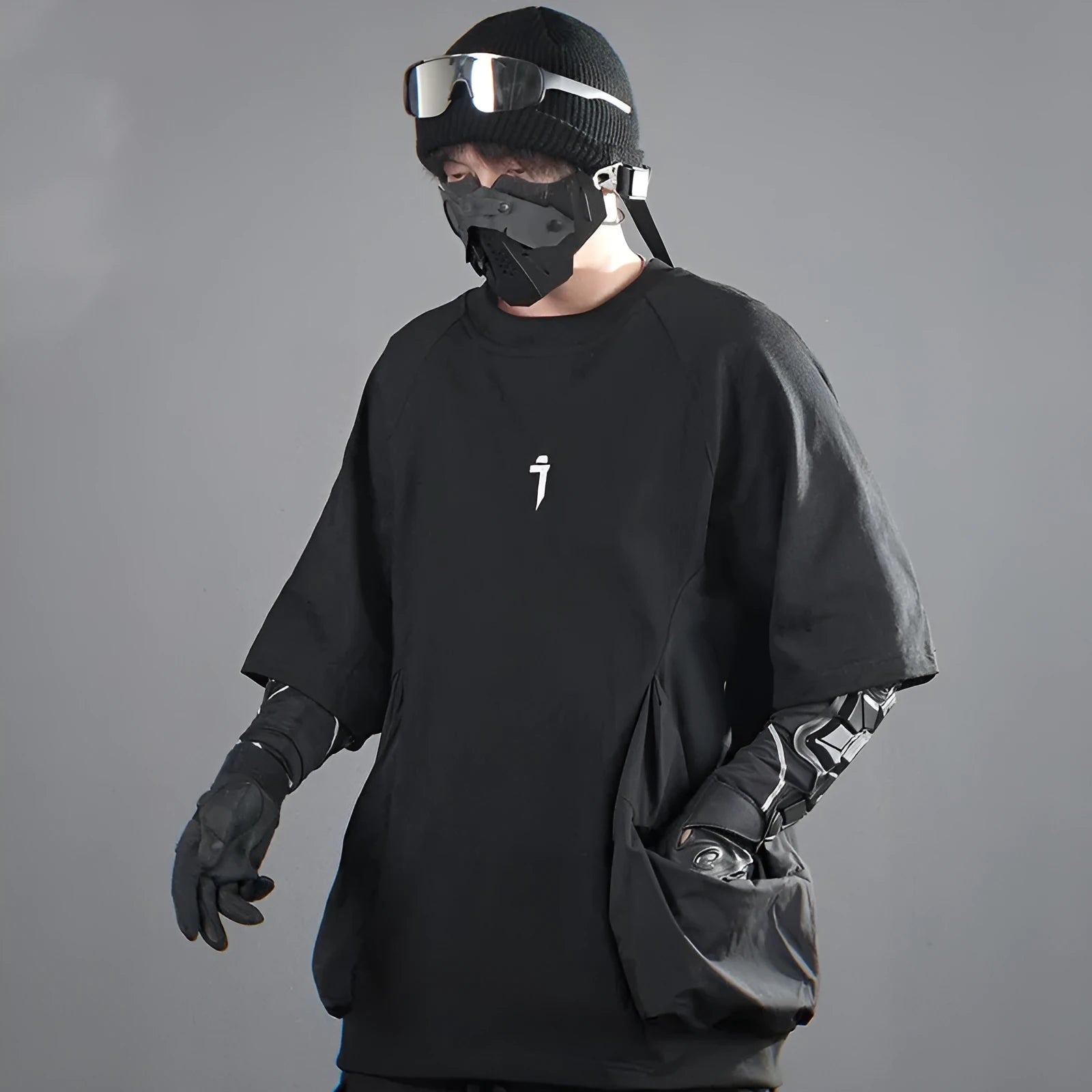 Men's loose grey cotton t-shirt with big pockets showing front design