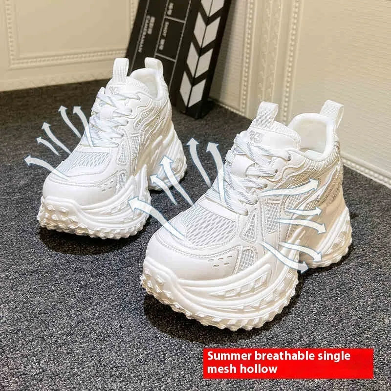 White women's height increasing dad shoes with lace-up closure and round toe design