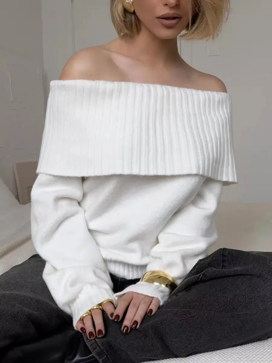Grey off-the-shoulder acrylic sweater with 3D pattern, regular sleeves, and strapless design