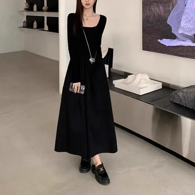 Black square collar knitted dress with elastic waist and A-line skirt