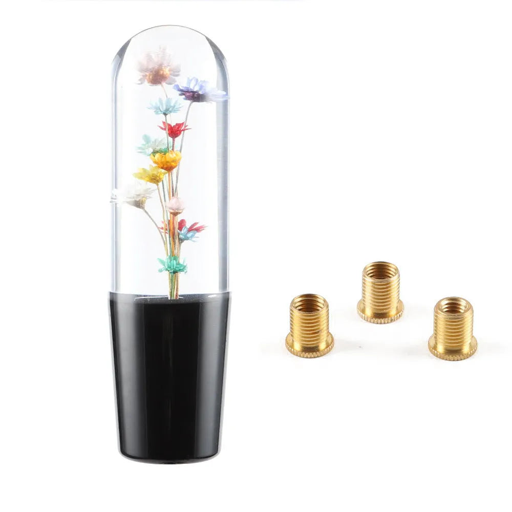 Transparent crystal car gear head with flower design, 15cm long, with three adapters