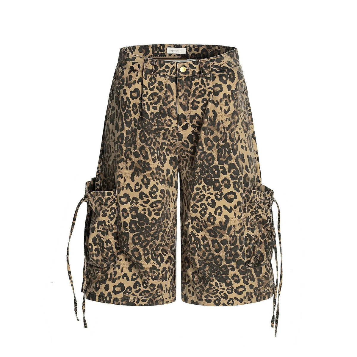 Leopard print cotton cropped trousers with a high waist and straight leg on a hanger