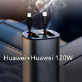 Black automatic retractable car charger with USB ports for Apple and Huawei devices