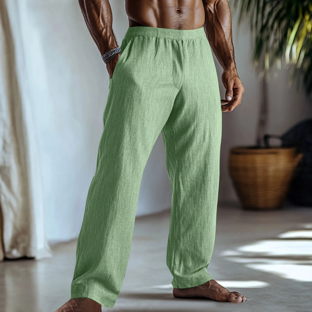 Straight-leg cotton linen trousers in British style with pockets in seven colour options