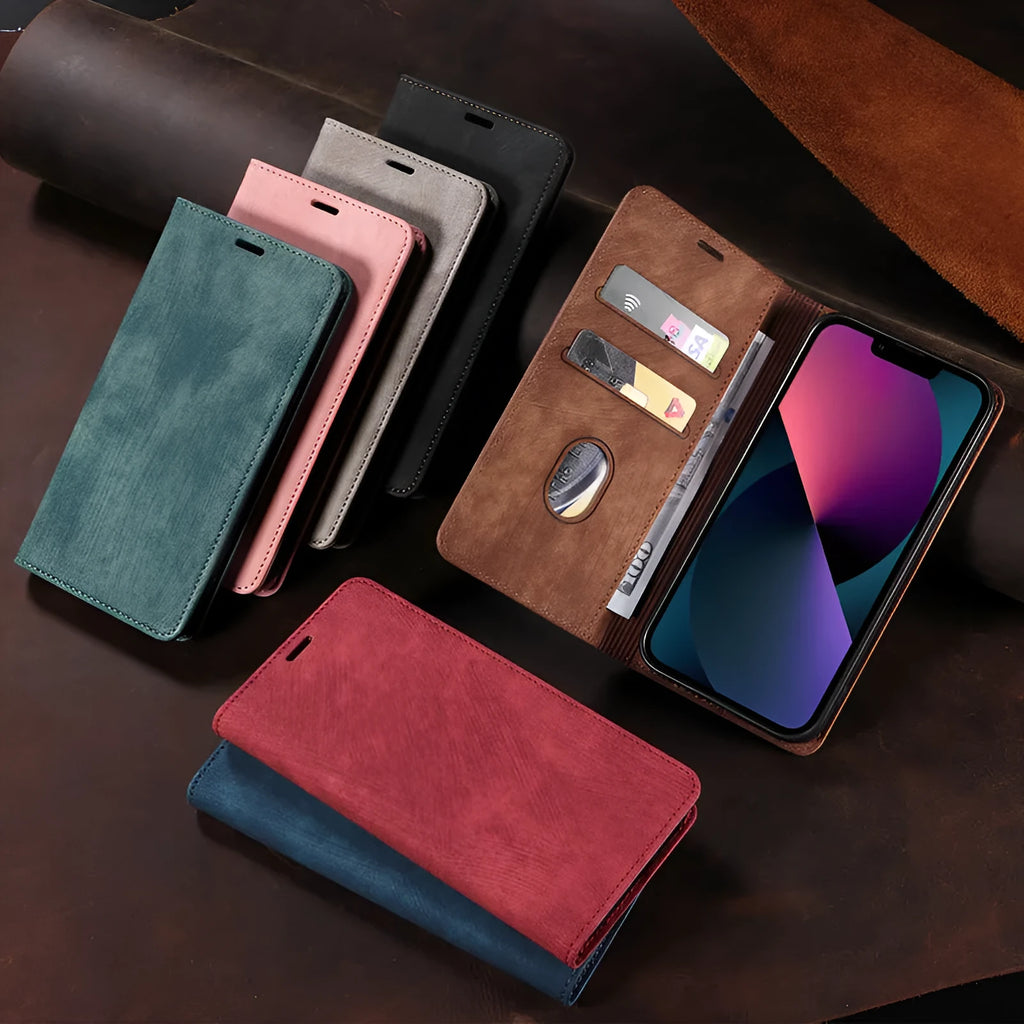 Genuine leather magnetic flip phone case in multiple colours for iPhone models.