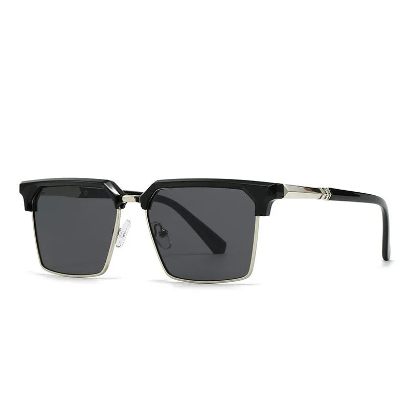 Men's square sunglasses with plastic frame showing six colour options including black silver, tea, green and blue variations