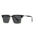 Men's square sunglasses with plastic frame showing six colour options including black silver, tea, green and blue variations