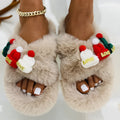 Women's Christmas hat design faux plush house slippers in black, khaki, and white.