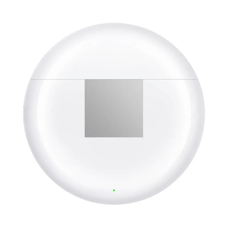 White semi-in-ear wireless Bluetooth headset with charging compartment on a plain background.