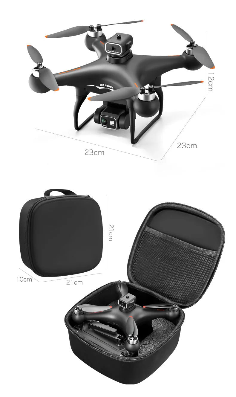 Black HD brushless UAV drone with four propellers, remote control, battery, and camera shown on a white background.