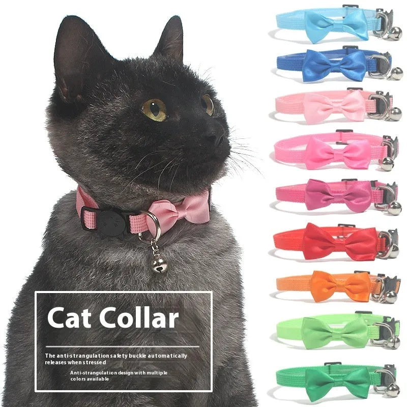 Adjustable cat bow collar with bell in striped nylon, multiple colour options shown